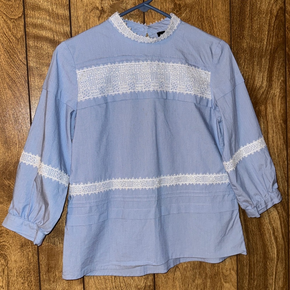 Banana Republic Womens Blue Pinstripe Lace Pintuck Mock Neck Blouse Top Size XS